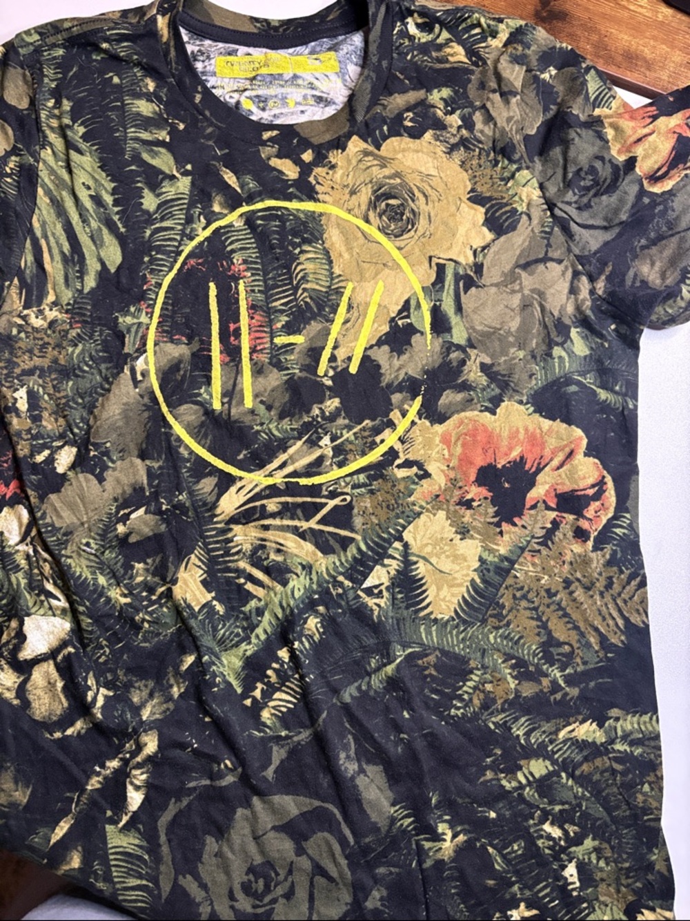 Graphic Floral Short Sleeve Tee with Yellow Smiley Accent